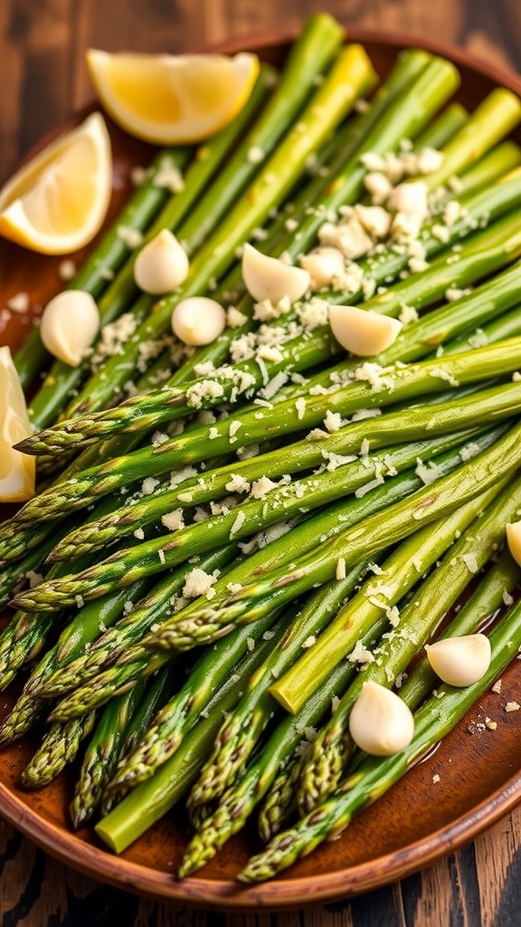 Oven-roasted asparagus with garlic and parmesan, garnished with lemon wedges, on a rustic wooden table.